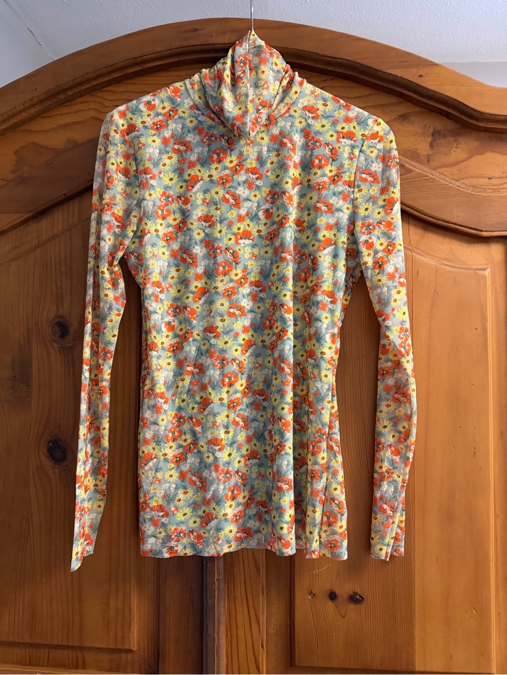 Ganni Floral Turtleneck Long-Sleeve Top in Orange, Yellow & Light Blue